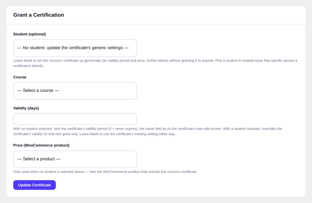 Granting a certification by hand, with the validity period and optional price.