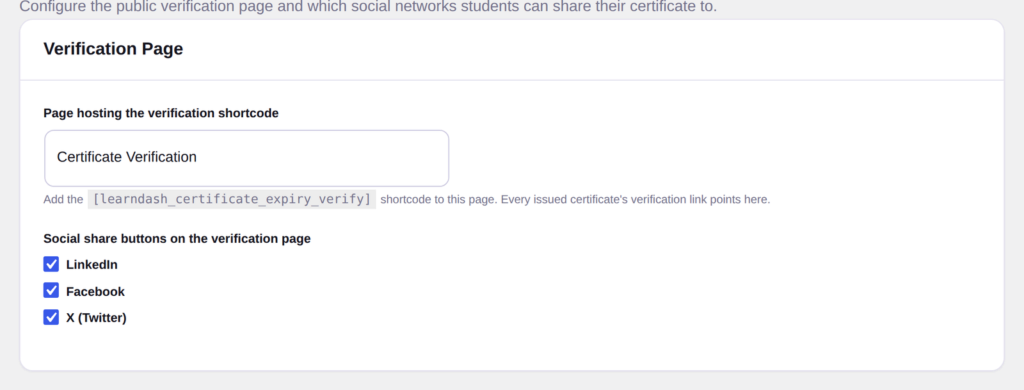 Share-ready certificates | PluginSprout Verification & Sharing settings: the verification page and the share networks.