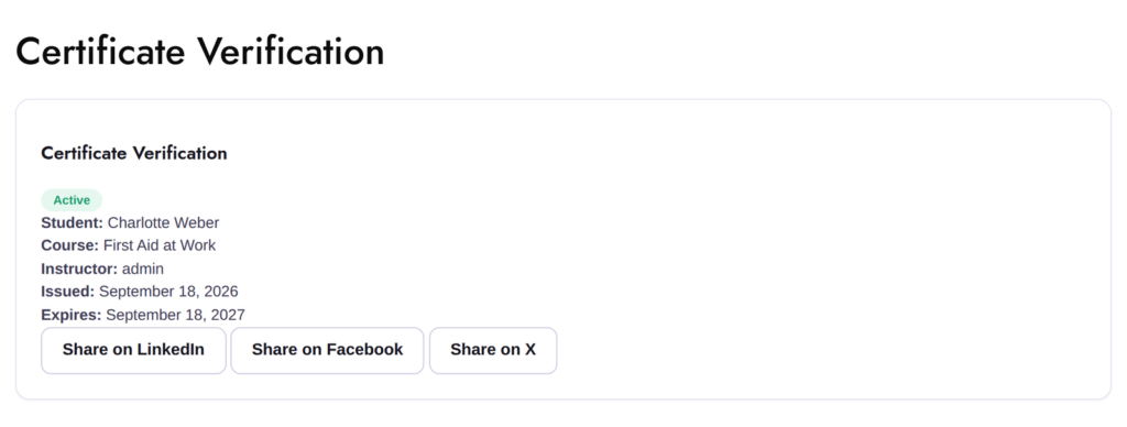 Public verification page | PluginSprout A public verification page: holder, course and current status, with no login needed.