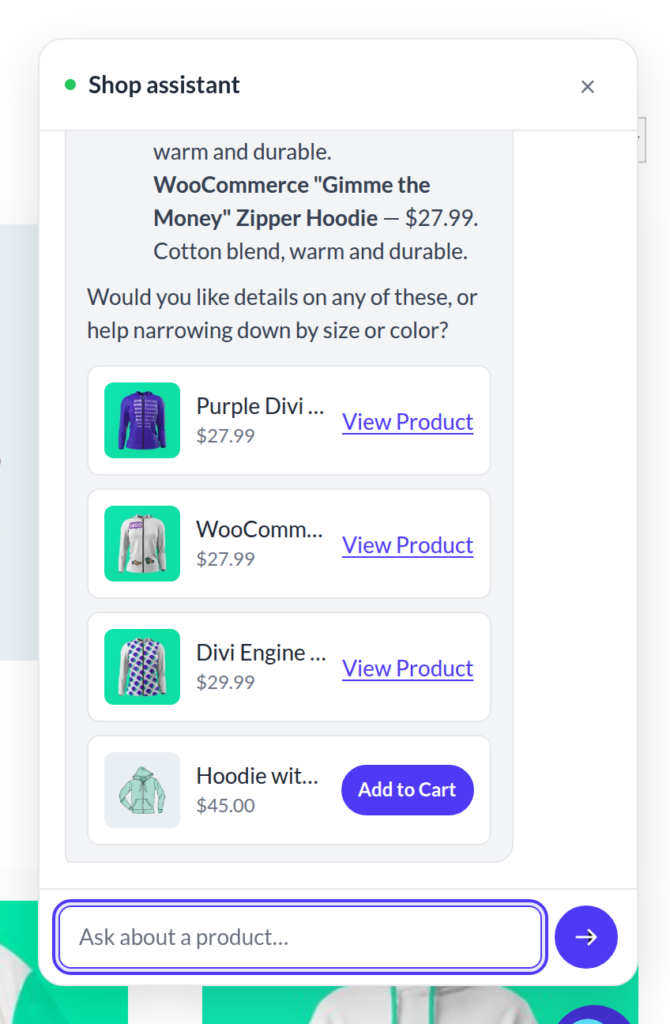 Product cards in the chat, with price and Add to Cart.