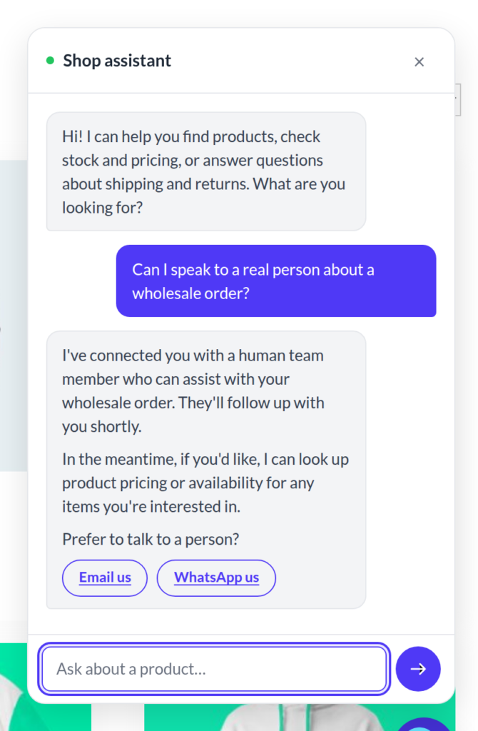 Hand-off to a human | PluginSprout Handing a wholesale enquiry to a person.