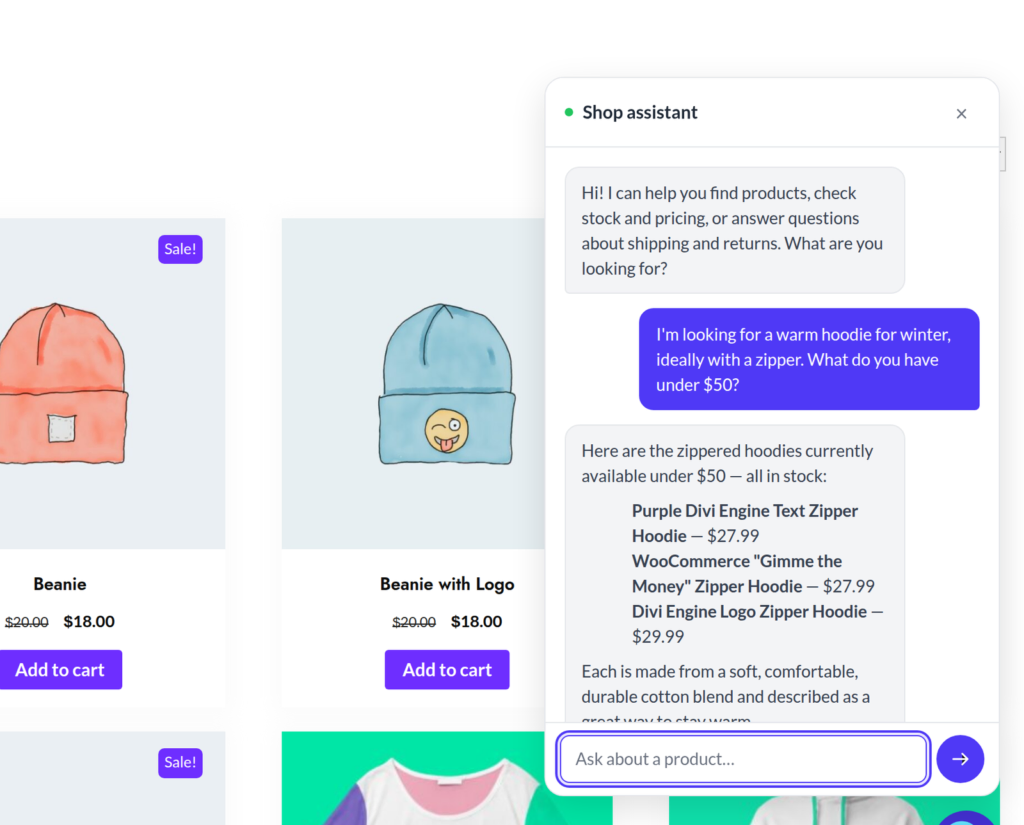 A product question on our test store. Prices and stock come from WooCommerce at the moment of the answer.