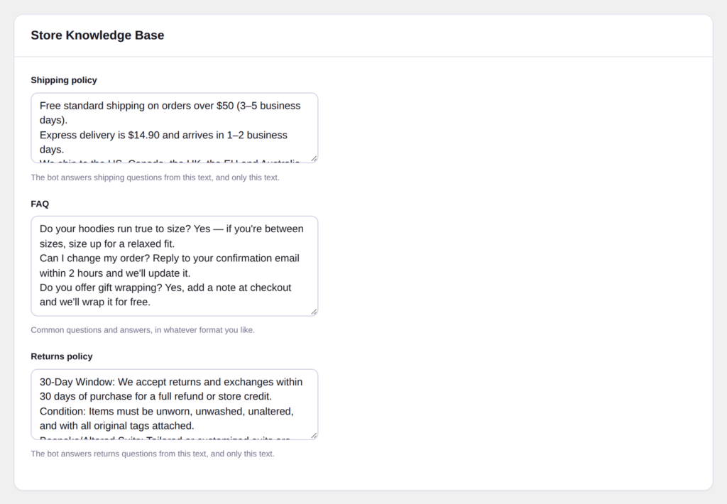 Answers from your knowledge base | PluginSprout The Knowledge Base: the assistant answers shipping, FAQ and returns questions from this text only.