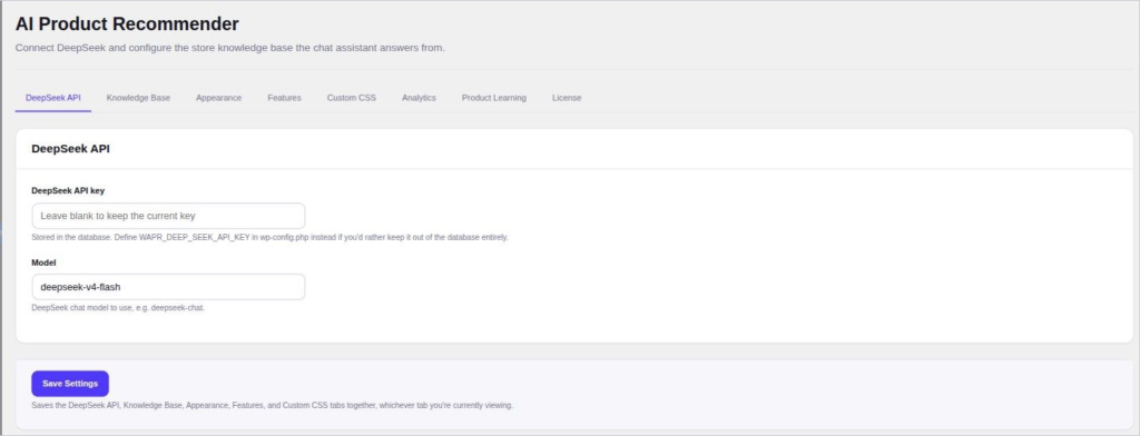 AI Product Recommender API key settings