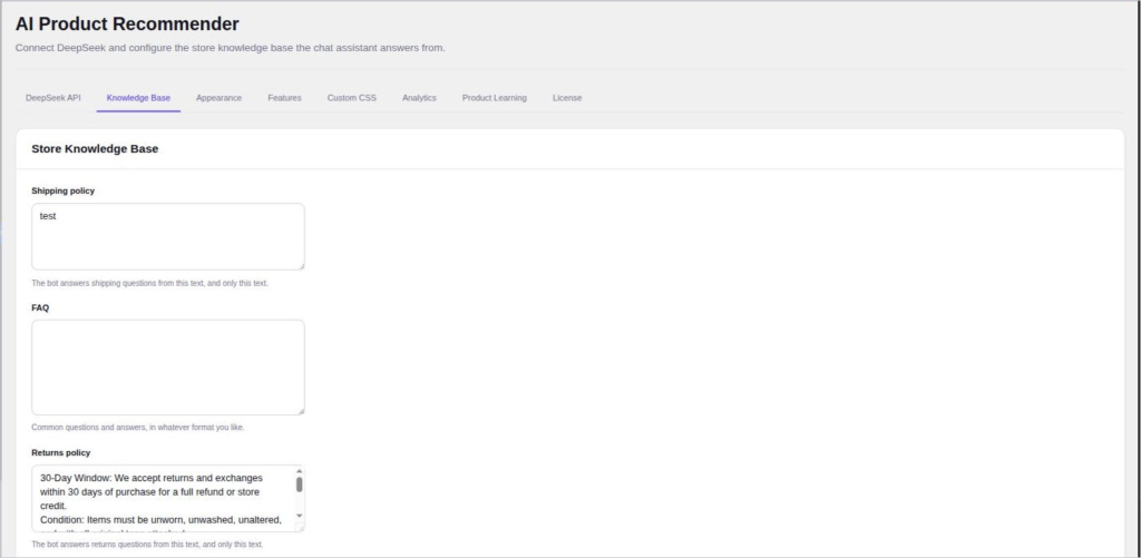 AI Product Recommender Knowledge Base tab | PluginSprout AI Product Recommender Knowledge Base tab