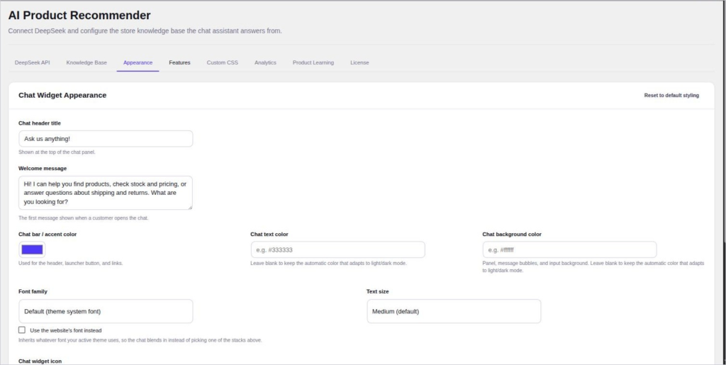 AI Product Recommender Appearance tab: titles, colours and fonts