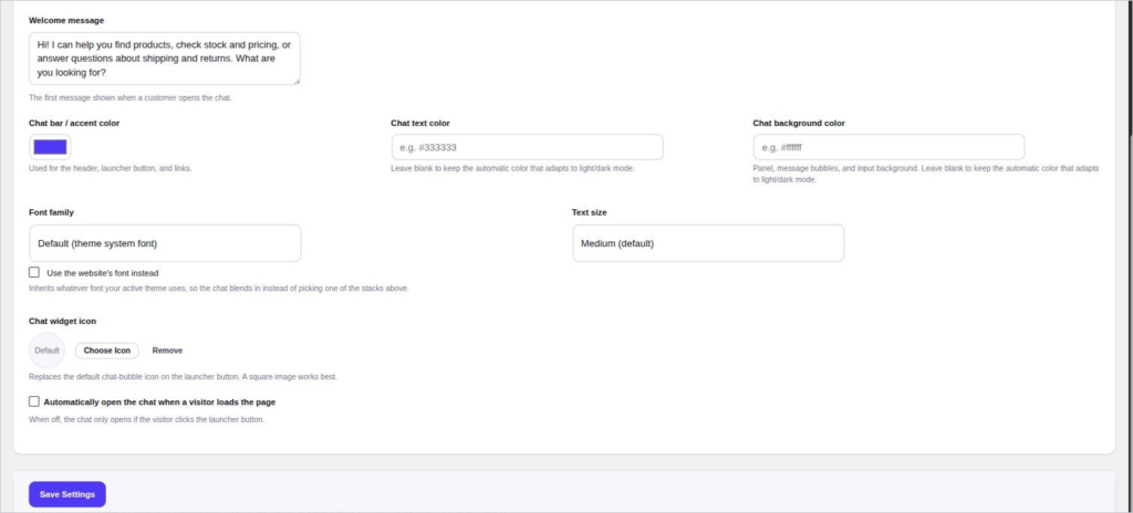 AI Product Recommender Appearance tab: icon and auto-open