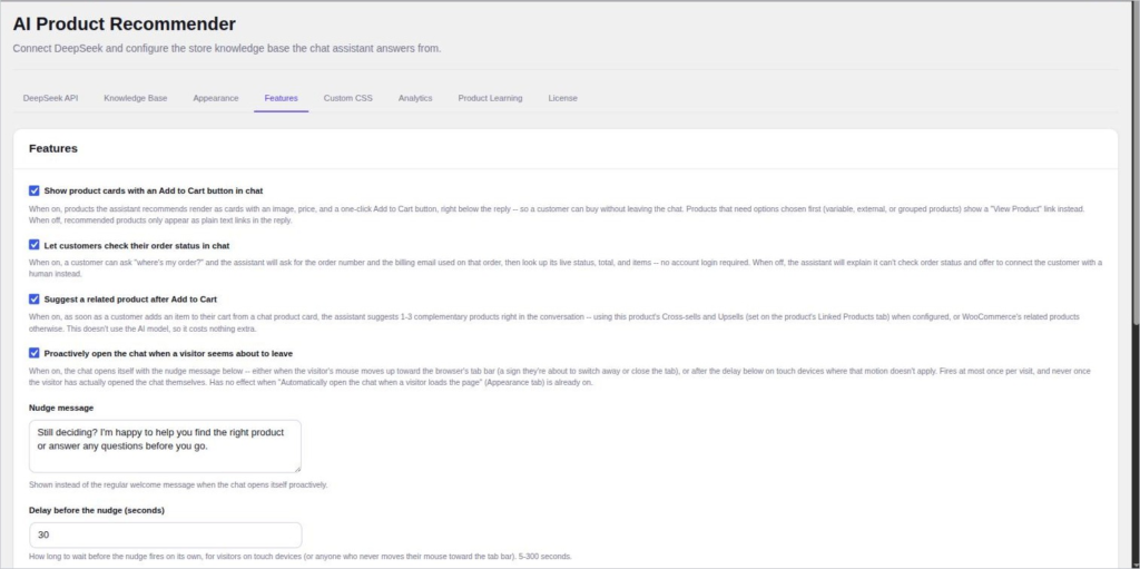 AI Product Recommender Features tab: capability switches and nudge