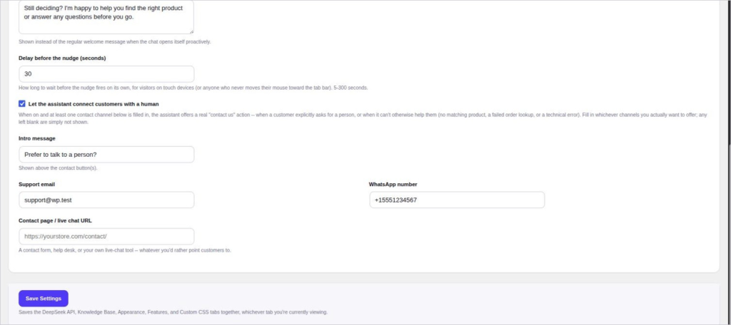 AI Product Recommender Features tab: human hand-off channels