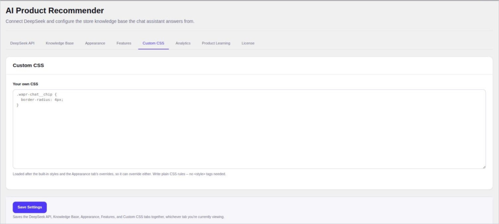 AI Product Recommender Custom CSS tab | PluginSprout AI Product Recommender Custom CSS tab