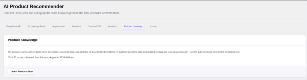 AI Product Recommender Product Learning tab | PluginSprout AI Product Recommender Product Learning tab