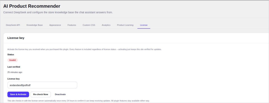 AI Product Recommender licence tab | PluginSprout AI Product Recommender licence tab