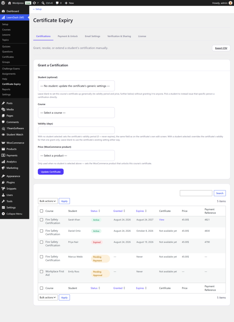 Certificate Expiry Certifications screen