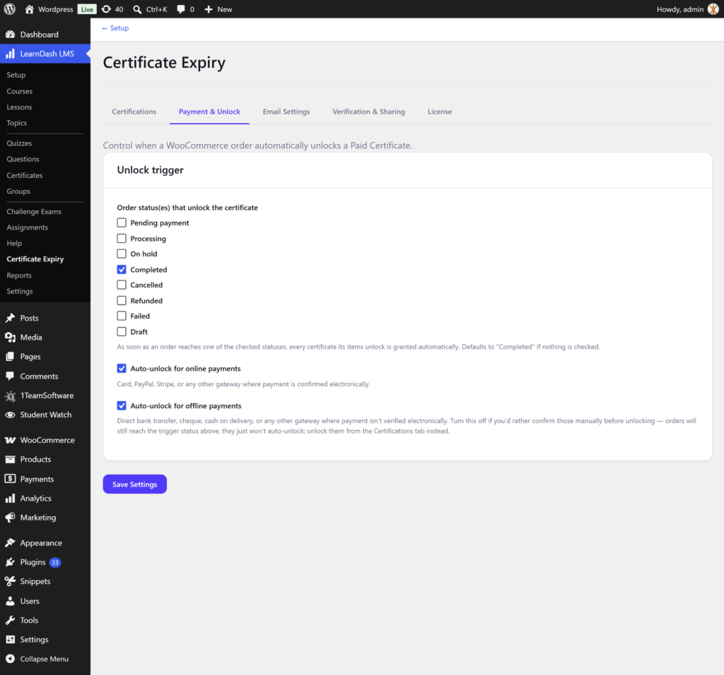 Certificate Expiry Payment & Unlock settings