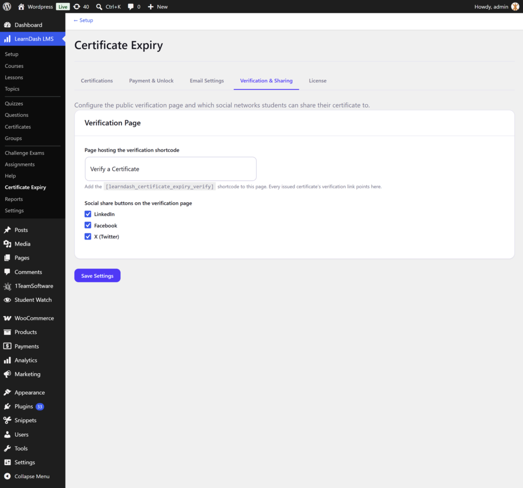 Certificate Expiry Verification & Sharing settings