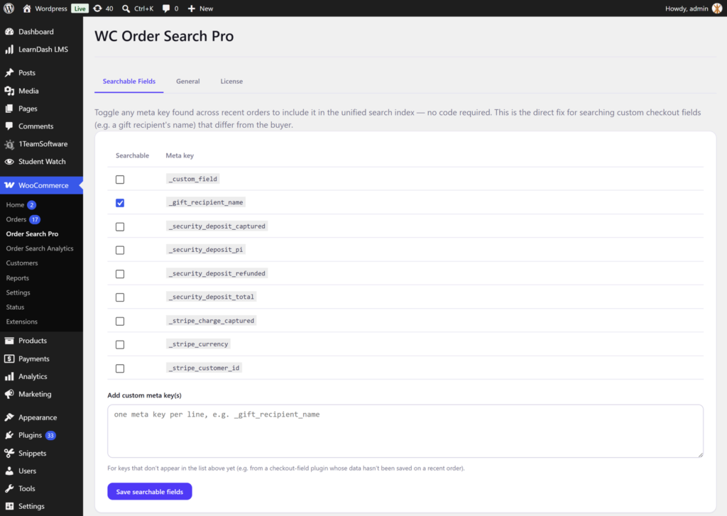 Order Search Pro Searchable Fields settings