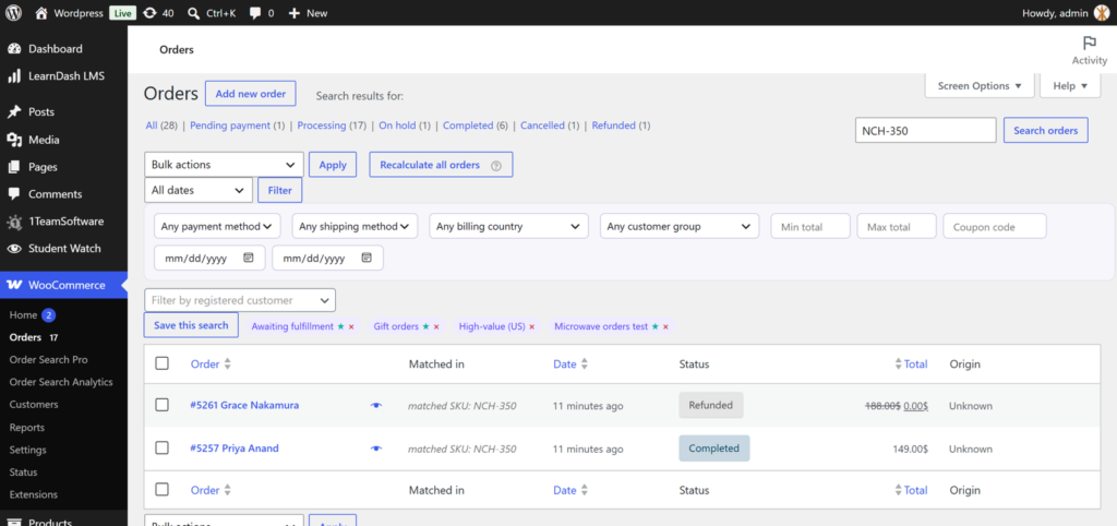 Order search results matched by SKU