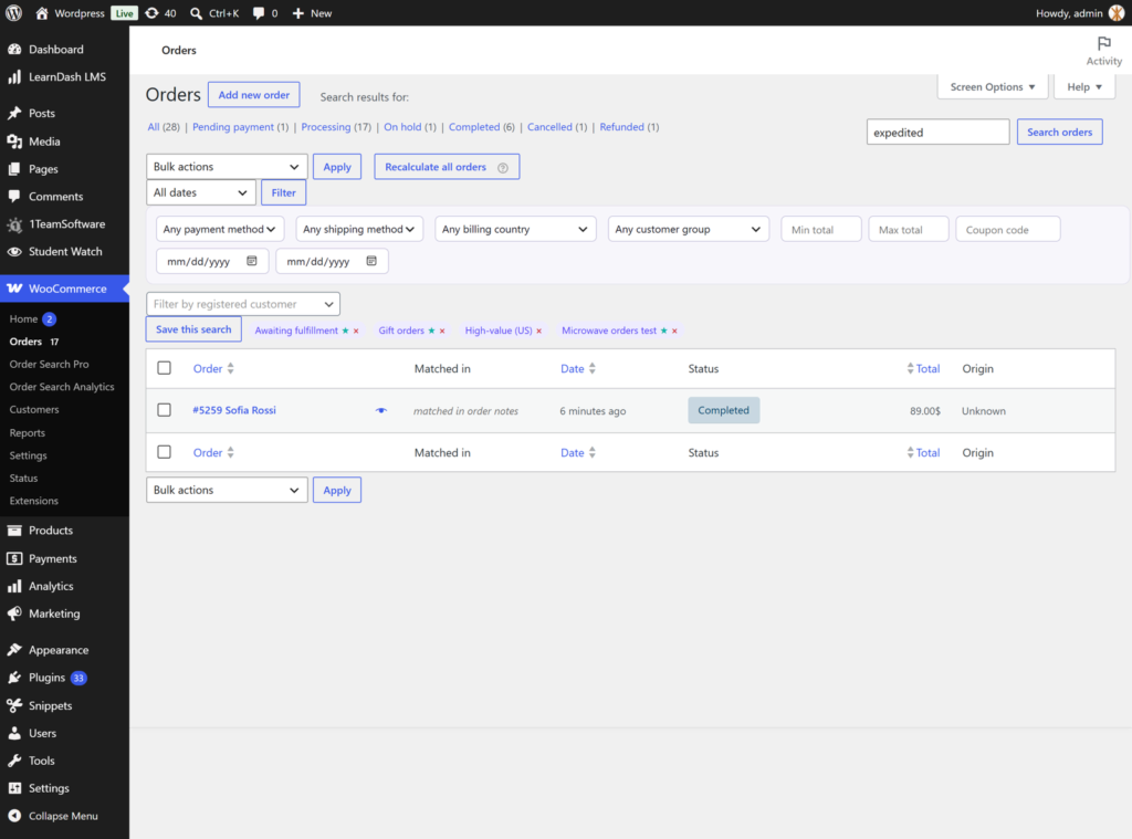 Order search matching an order note