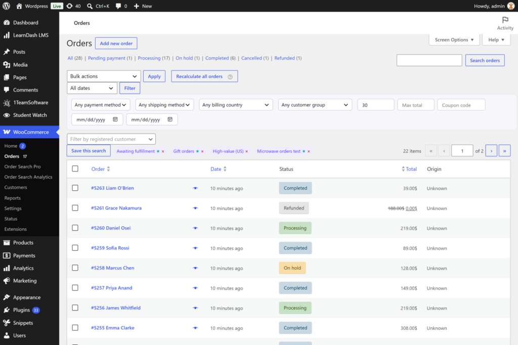 Order Search Pro filter panel