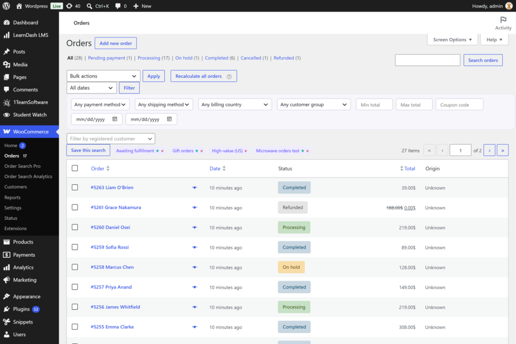 Saved order search segments