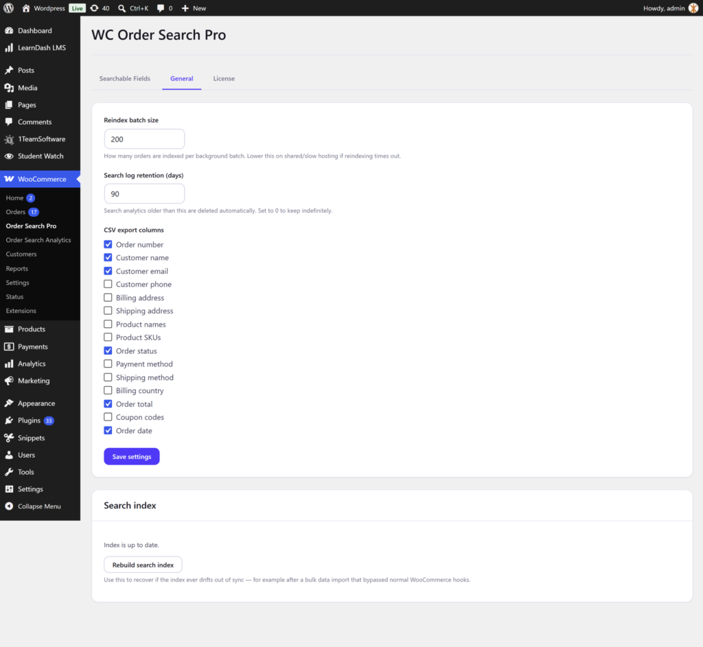Order Search Pro General settings and index rebuild