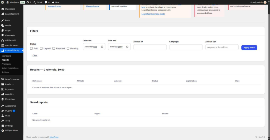 Referral Clarity report filters