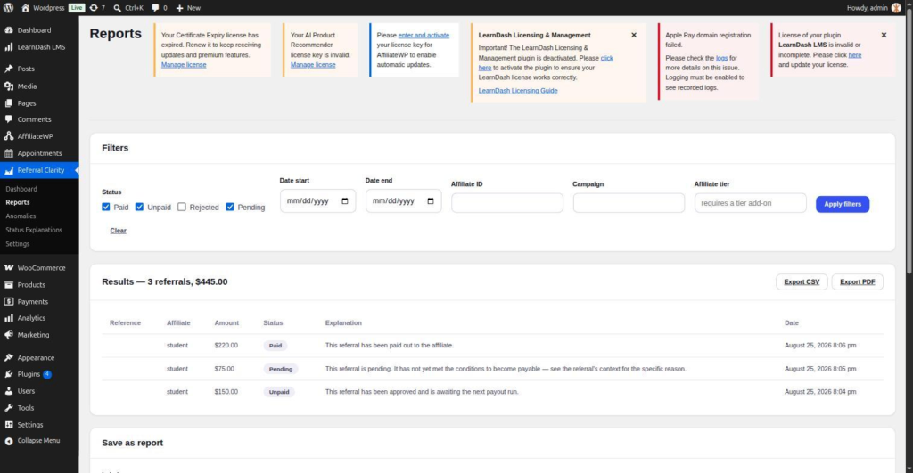 Referral Clarity filtered report results with explanations