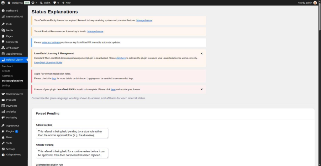 Editing a status explanation in Referral Clarity | PluginSprout Editing a status explanation in Referral Clarity