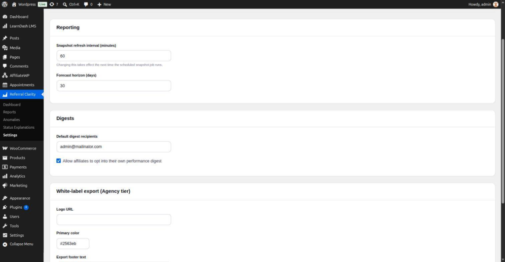 Referral Clarity settings: reporting, digests and white-label export