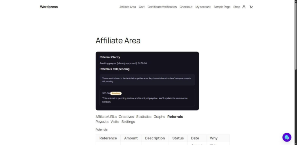 Affiliate-facing Referral Clarity panel with a pending referral | PluginSprout Affiliate-facing Referral Clarity panel with a pending referral