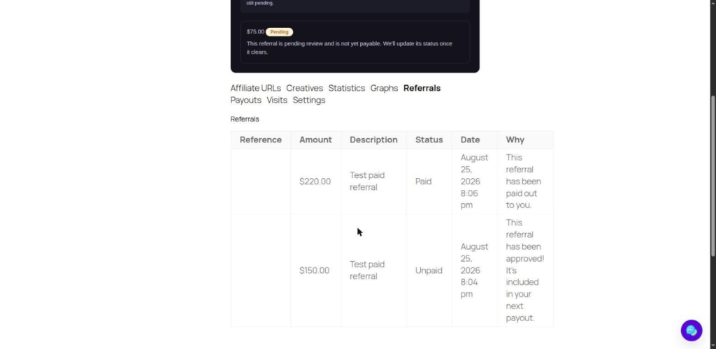 Affiliate referrals table with the Why column