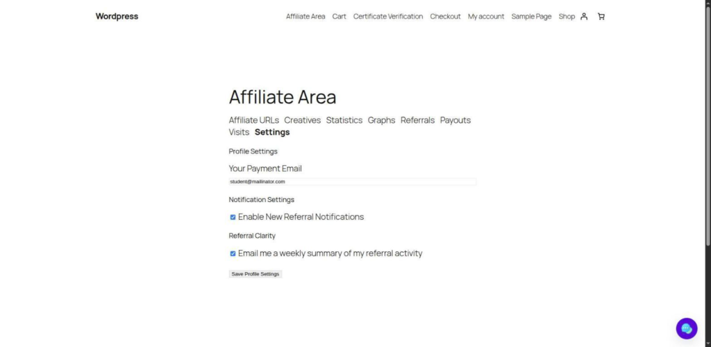 Affiliate settings tab with the digest opt-in | PluginSprout Affiliate settings tab with the digest opt-in
