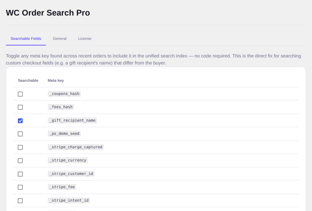 Custom and checkout field search | PluginSprout Choosing which custom fields are searchable.