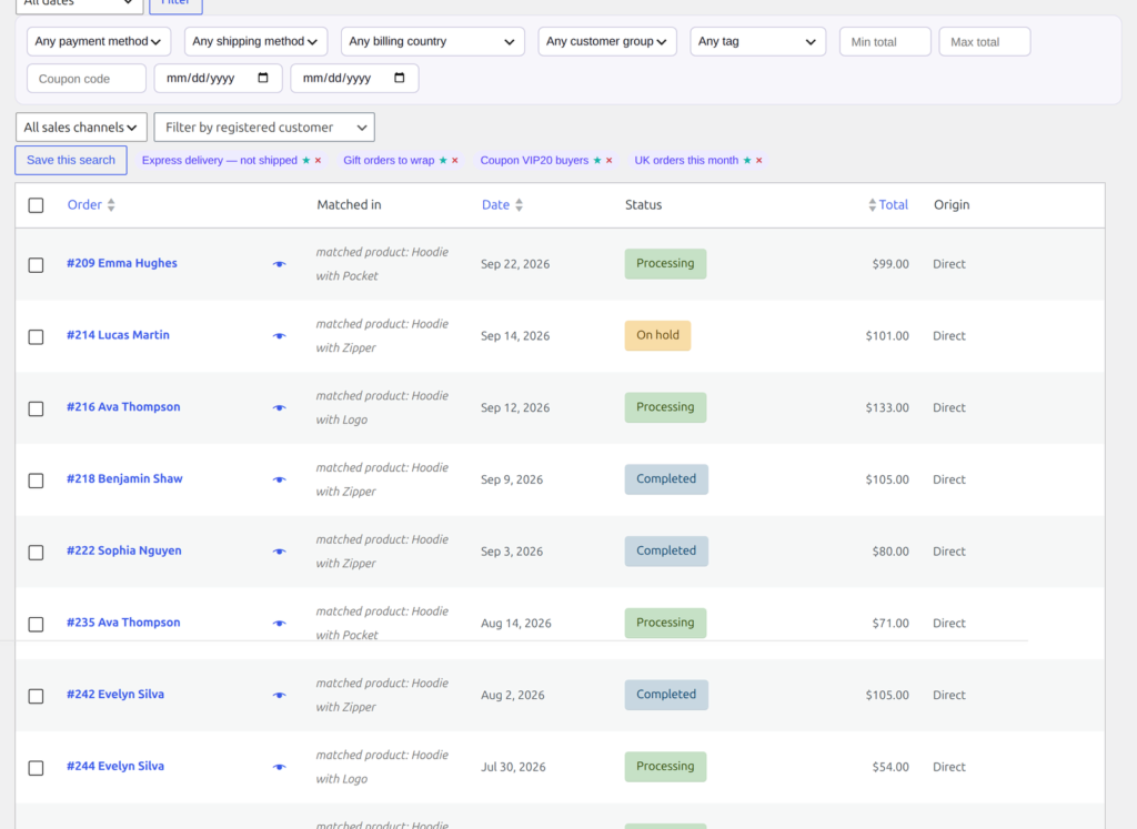 WC Order Search Pro search results for “hoodie”, showing where each order matched | PluginSprout A search for "hoodie" on our test store. The Matched in column says why each order came back.