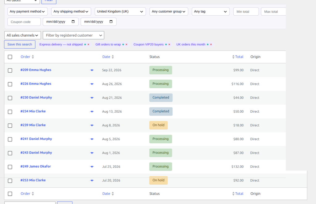 Combinable filters and saved segments | PluginSprout Saved searches as chips above the orders list, shared with the team.