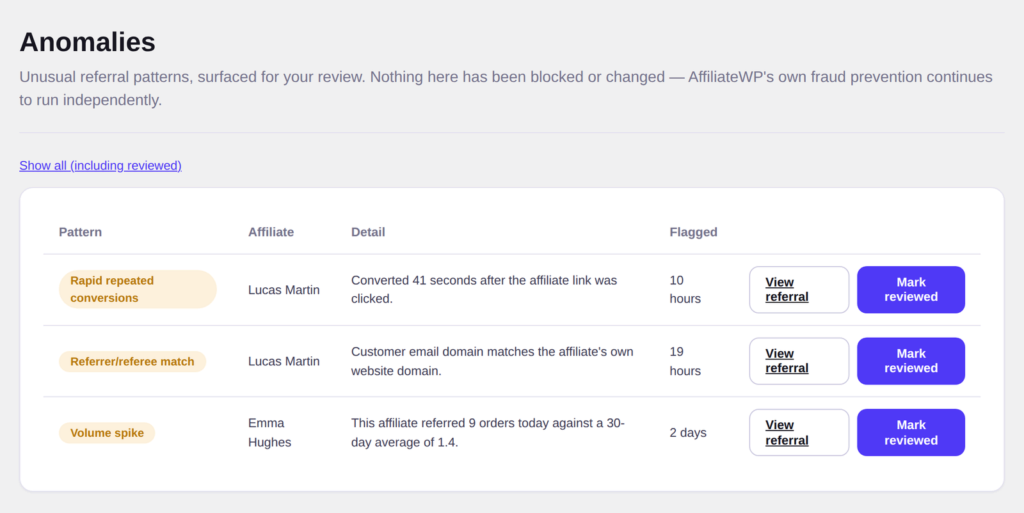 The Anomalies screen in WP Referral Clarity: each flagged pattern links to the referral in AffiliateWP.