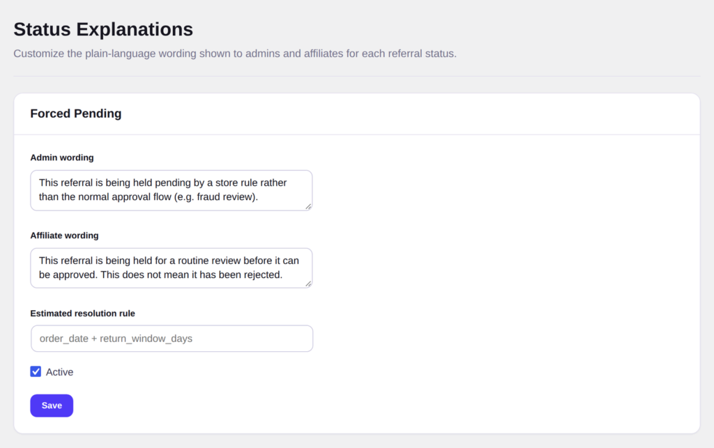 Editing the affiliate wording for one status and context.