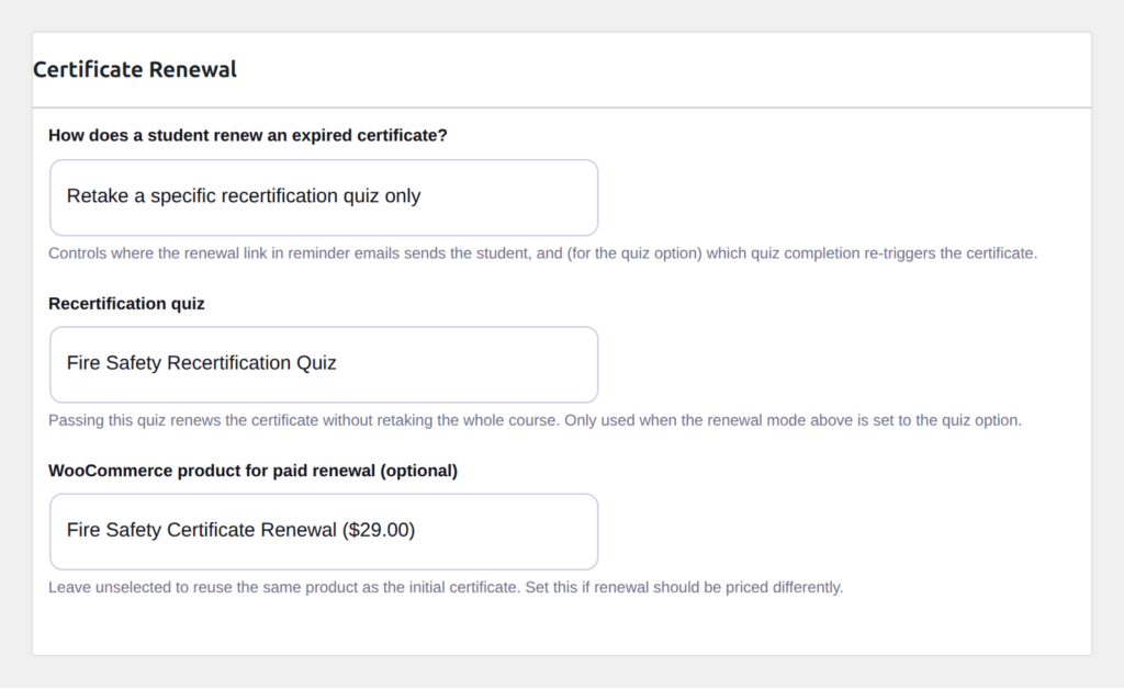 Certificate Renewal settings on a LearnDash course: renewal mode, recertification quiz and renewal product | PluginSprout The Certificate Renewal settings on a course.