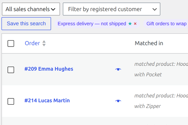 WC Order Search Pro: saved searches and the field each order matched