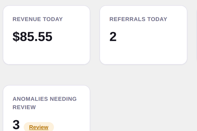 WP Referral Clarity dashboard: revenue, referrals and anomalies to review