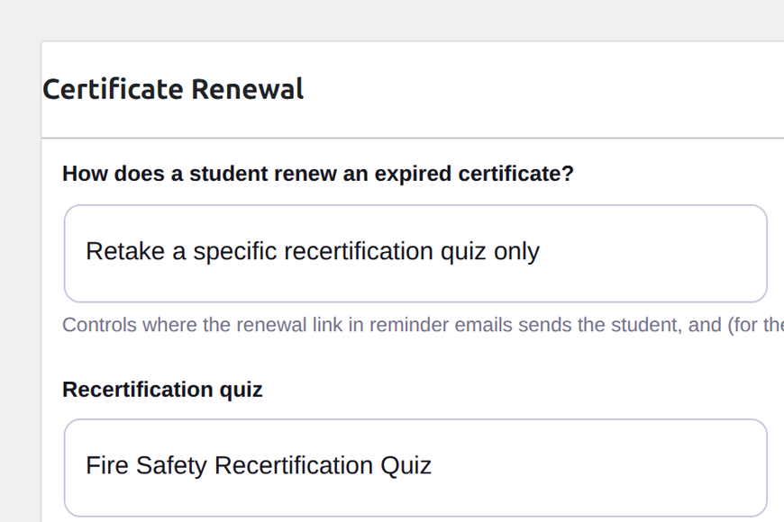 LearnDash Certificate Renewal settings: retake the course, pass a quiz or be re-issued