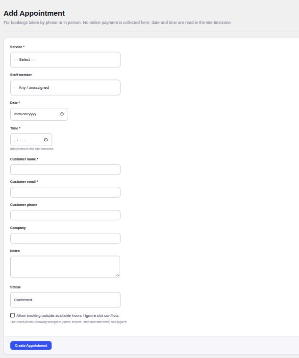 Appointure form for adding an appointment by hand | PluginSprout Adding a booking by hand