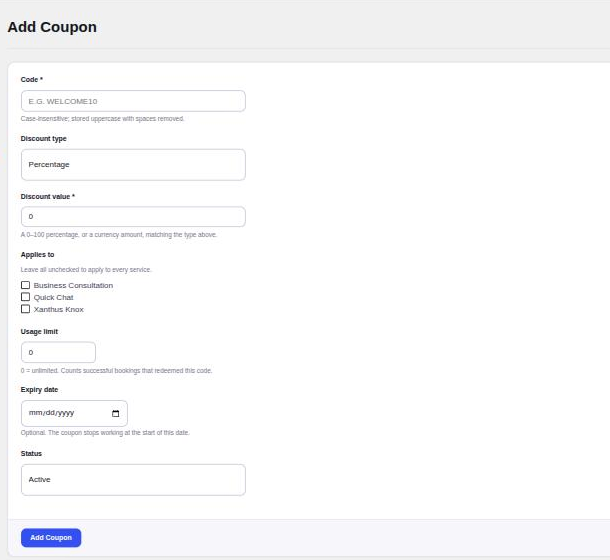 Appointure Add Coupon form with discount type, services, usage limit and expiry | PluginSprout Add Coupon: code, discount, services, usage limit and expiry