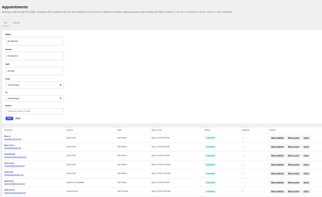 The Appointments list with the payment column and status actions