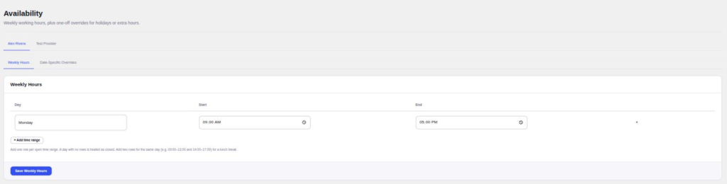 Appointure availability screen with weekly hours per staff member and date-specific overrides | PluginSprout Weekly hours for one staff member, with Date-Specific Overrides on the next tab