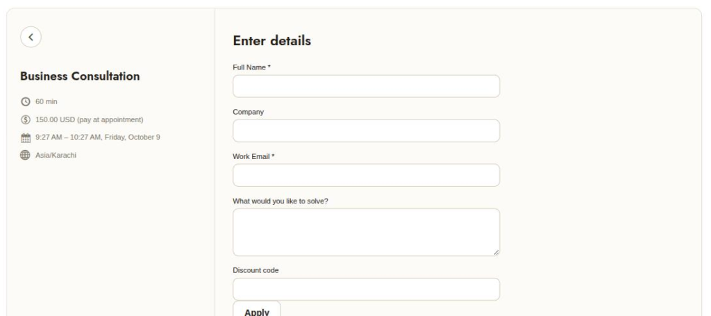 Appointure booking widget, step 2: customer details, custom fields and a discount code | PluginSprout Step 2: details, custom fields and the discount code box
