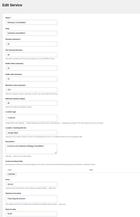 Appointure Edit Service form with duration, slot interval, buffers, notice, location, custom fields, price and deposit | PluginSprout A fixed 50.00 deposit on a 150.00 service, set on the Edit Service screen