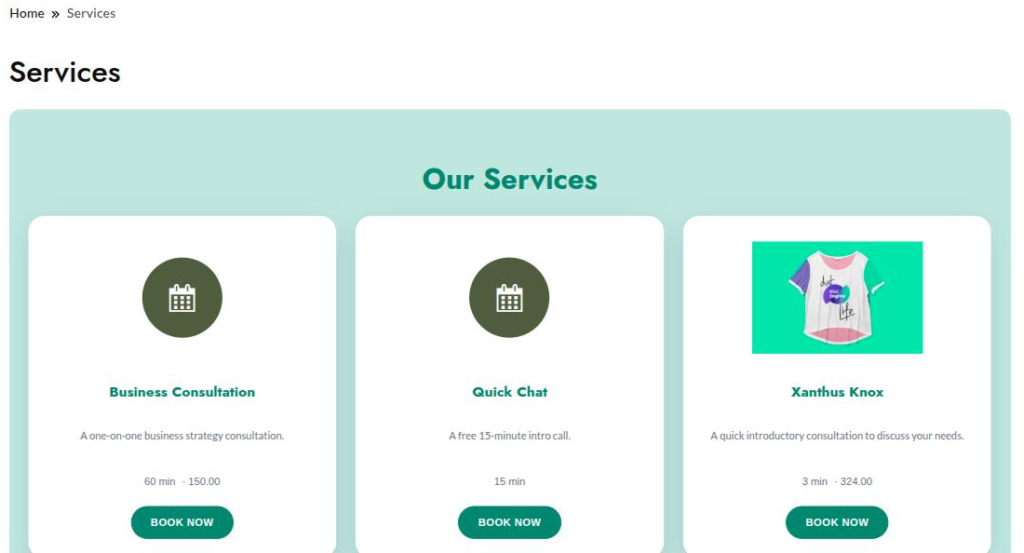 The services grid, with each Book Now button linking to the booking page