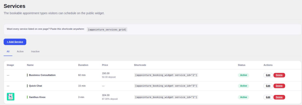 The services list shows the price, the deposit and a ready-made shortcode for each service