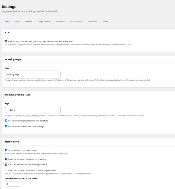 Appointure general settings: multi-provider mode, booking page, manage booking page and notifications | PluginSprout The Manage Booking Page setting, with rescheduling and cancelling allowed separately